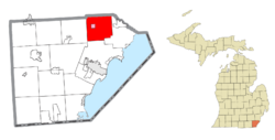 Location within Monroe County (red) and the administered village of Carleton (pink)