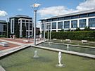 Modern office block c.2000, with water feature in foreground