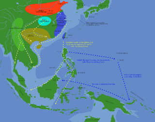 Likely routes of early rice transfer, and possible language family homelands (archaeological sites in China and SE Asia shown)