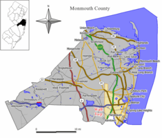 Location of Wall Township in Monmouth County highlighted in yellow (right). Inset map: Location of Monmouth County in New Jersey highlighted in black (left).  <mapframe text="Interactive map of Wall Township, New Jersey" zoom="8" width="250" height="250"> {   "type": "ExternalData",   "service": "geoshape",   "ids": "Q3679383" } </mapframe>