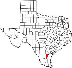 Map of Texas highlighting Jim Wells County