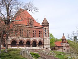 Oakes Ames Memorial Hall with Ames Free Library in background.