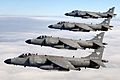 Four FA2 Sea Harriers, based at RNAS Yeovilton, flying in formation above the clouds, photographed as part of a Photex. MOD 45146083