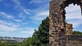 The ruins of Halton Castle looking towards the Mersey Gateway in Runcorn, Cheshire, England