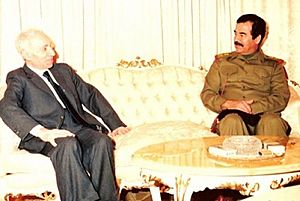 Baath Party founder Michel Aflaq with Iraqi President Saddam Hussein in 1988