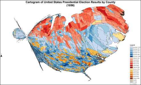 CartogramPresidentialCounty1856Colorbrewer