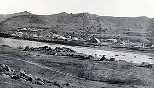 Historic photograph showing Millerton settlement in 1870. View from right bank of the San Joaquin River.