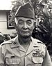 An older man in his military uniform with a hat on. There is a house and a tree in the background. He is looking forward at the camera.