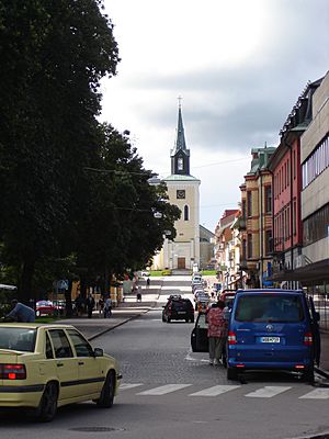 Storgatan with Ljungby Church in the background.