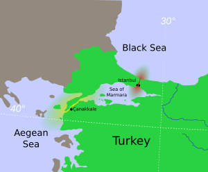 The Bosphorus (red), the Dardanelles (yellow), and the Sea of Marmara in between, are known collectively as the Turkish Straits