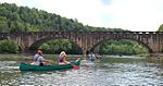 Several canoes pass under a bridge over a wide river in a forest.