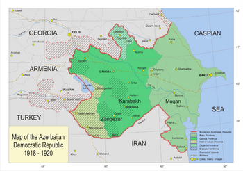 Map of Azerbaijan including disputed territories with Armenia and Georgia issued in Baku for Paris Peace Conference in 1919.