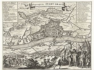 Beleg van Grave door Willem III, 1674 Belegeringh der stadt Graef (titel op object) 't Veroveren der Stercke Stadt Graef, Door Sijn Hoogheyt den Heer Prins van Orangien, op den 25 October 1674, RP-P-OB-82.434