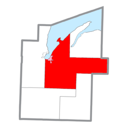 Location within Baraga County and the administered village of L'Anse (1) and the CDP of Zeba (2)