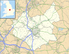 Map of Leicestershire, with a red dot showing the location of Wymeswold
