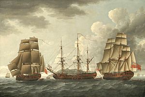 John Cleveley the Elder - H.M.S. Tryall in three positions off Antigua (1764)