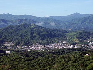 Large green mountain dotted with homes