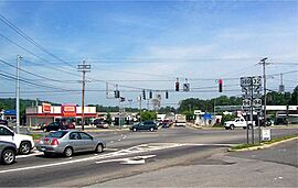 Five-way intersection of Routes 32, 94 and 300 at Vails Gate, NY. Referred to as "Five Corners"