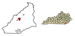 Location of Pineville in Bell County, Kentucky.