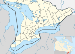 Map of Southern Ontario with a dot at the location of the Zhiibaahaasing First Nation