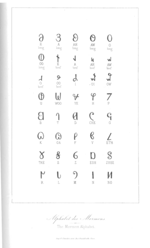 Early Deseret alphabet chart found in Jules Remy and Julius Brenchley's A Journey to Great-Salt-Lake City (1855)