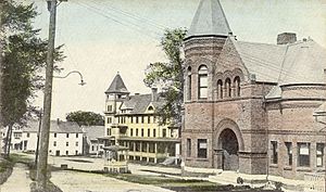 Woods Library and Hotel Low, c. 1915 postcard view