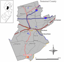 Location of Rocky Hill in Somerset County highlighted in yellow (right). Inset map: Location of Somerset County in New Jersey highlighted in black (left).