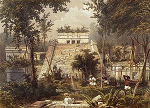 1844 coloured lithograph showing Mayan temple named Tulum in background surrounded by jungle; three workers in lower left quadrant clearing the area; one person in bottom half observing the temple