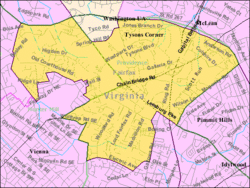 Boundaries of the Tysons Corner CDP as of 2003[update]