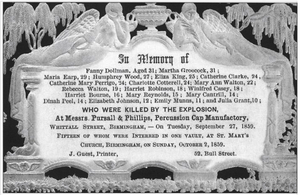 Memorial card - victims of explosion at Messrs Pursall and Philips of Whittall Street, Birmingham, England - 1859