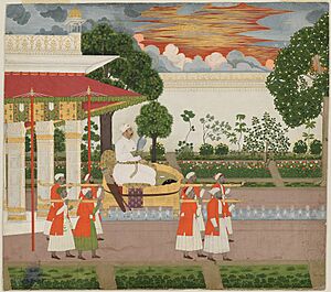 Chitarman II, Emperor Muhammad Shah with Falcon Viewing his Garden at Sunset from a Palanquin ca 1730 Metmuseum