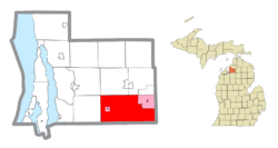 Location within Antrim County and the administered village of Mancelona (1) and portion of Lakes of the North community (2)