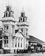 Steam locomotive in front of the Los Angeles and Independence Rail Road Terminal at Fifth Street and San Pedro Street, Los Angeles, 1875 (CHS-14279)