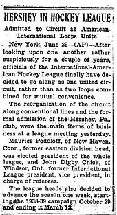 "Hershey in Hockey League" (from The Philadelphia Record, 6-29-1938)