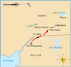 Map showing military movements. British movements are in red; American movements are in blue