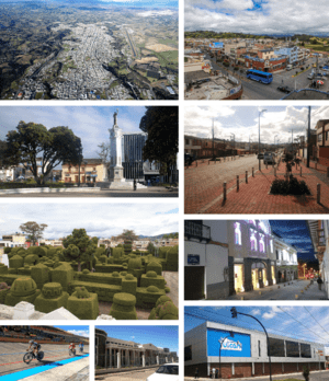 From top, left to right: Aerial view of the city, south of Tulcan, Central Park of Independence, University Avenue, José María Azael Franco Guerrero Cemetery, Lemarie Theater, City of Tulcán Velodrome, Carchi State Polytechnic University and Eloy Alfaro Market.