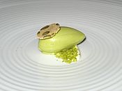 Pistachio ice cream with whipped mascarpone and pistachio biscotti