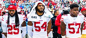 Richard Sherman, Fred Warner, and Dre Greenlaw (cropped)