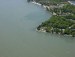 Aerial view of the Marblehead Lighthouse and surrounding parts of the village