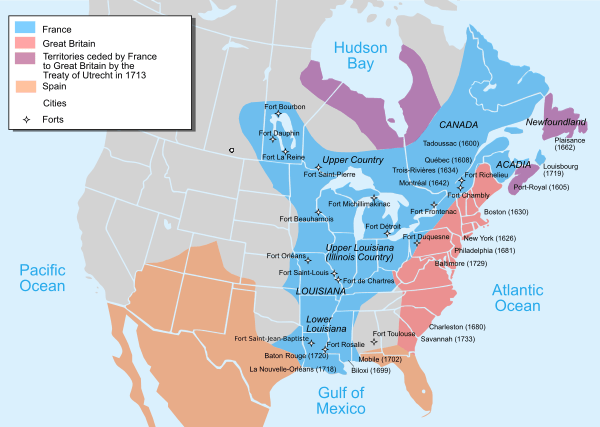 Map of French and British North American possessions in the early 18th century. After ceding Hudson's Bay to the British in the Treaty of Utrecht, France built forts like Fort Michilimackinac to protect New France fur trade from the British Hudson's Bay Company.