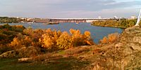 View Khortytsia and the nearby Dnieper Hydroelectric Station.