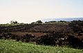 Photograph of the ruins at Puʻu o Mahuka Heiau beneath a cloudless sky with the Pacific Ocean behind.