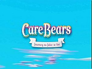 The film's title logo appears against a blue sky with some white clouds. The words "Care Bears" are stacked above the subtitle, "Journey to Joke-a-lot".