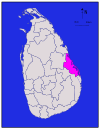 Area map of Batticaloa District, located along the east by north coast, in the Eastern Province of Sri Lanka