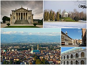 Clockwise from top: Villa La Rotonda; the classical temple in the Parco Querini; Piazza dei Signori; the Renaissance Basilica Palladiana; and a panorama of the city from the Monte Berico