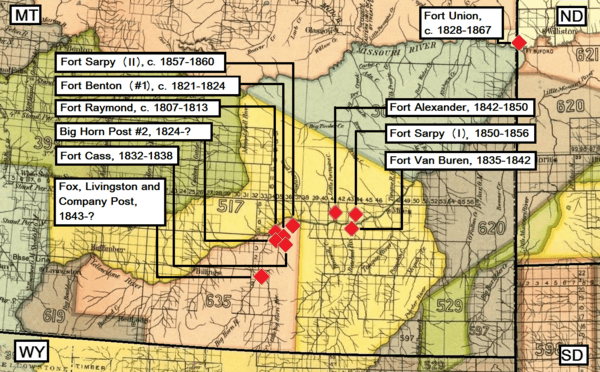 Map with trading posts built for trade with the Crows, 1807-1867