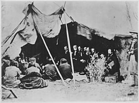 Photograph of General William T. Sherman and Commissioners in Council with Indian Chiefs at Fort Laramie, Wyoming, ca. 1 - NARA - 531079