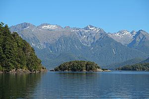 View past Mahara Island (Lake Manapouri) towards Cathedral Peaks