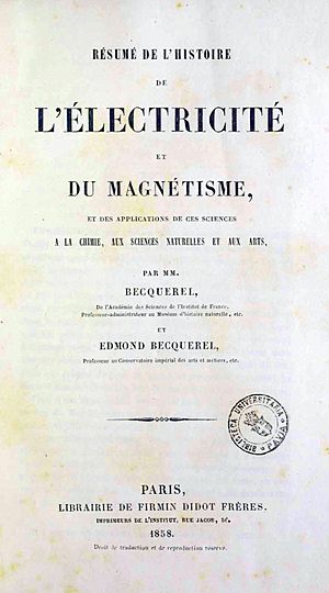 Becquerel, Antoine César – Résumé de l'historie de l'électricité et du magnétisme, et des applications de ces sciences a la chimie, aux sciences naturelles et aux arts, 1858 – BEIC 12387607