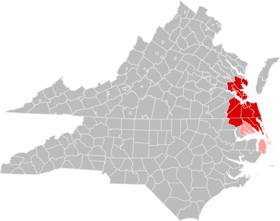 Jurisdictions in the Hampton Roads MSA are colored in red. Jurisdictions in the CSA, but not the MSA, are colored in pink.